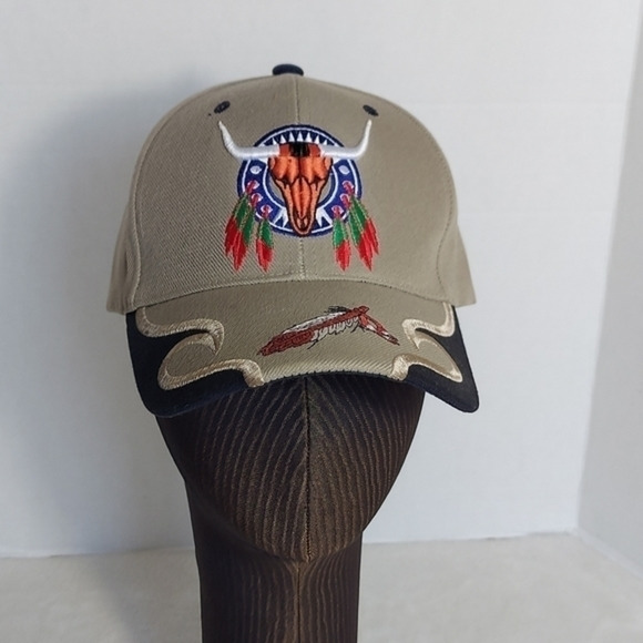 Texas Head Wear Western Native American Inspired Tan Baseball Cap with appliques - Picture 1 of 10